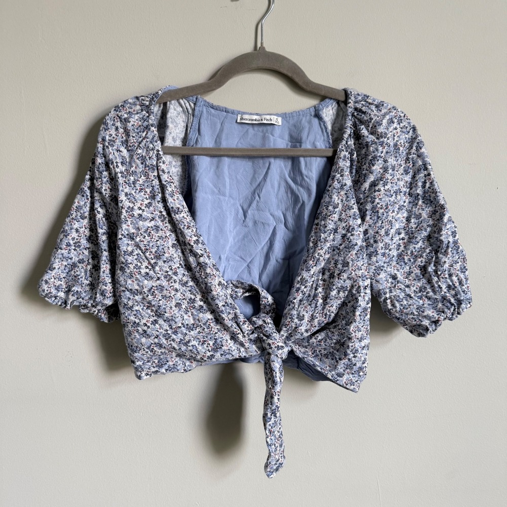 Abercrombie & Fitch Blue Floral Tie Front Crop Top Linen Blend Puff Sleeve XS